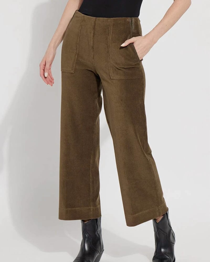 Front of a model wearing a size L Kristina Cord Wide Leg In Green Smoke in Green Smoke by Lysse. | dia_product_style_image_id:360152